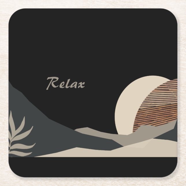 Minimalist Earth Tones Boho "Relax"  Square Paper Coaster (Front)