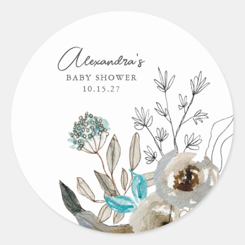 Minimalist Earthy Blue Botanical Baby Shower Classic Round Sticker