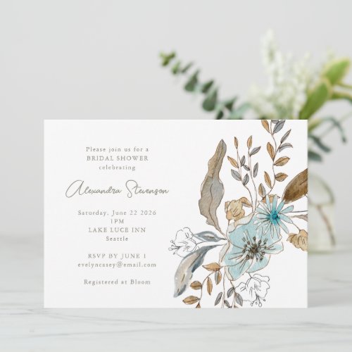 Minimalist Earthy Blue Botanical Bridal Shower Invitation
