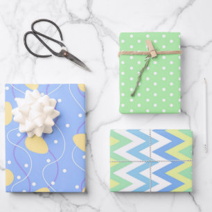 Minimalist Easter Blue, Green and Yellow set of 3 Wrapping Paper Sheets