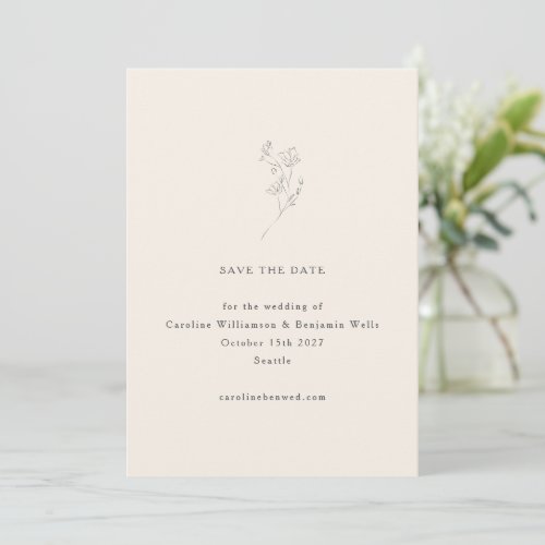 Minimalist Ecru Floral Line Art Elegant Wedding Save The Date