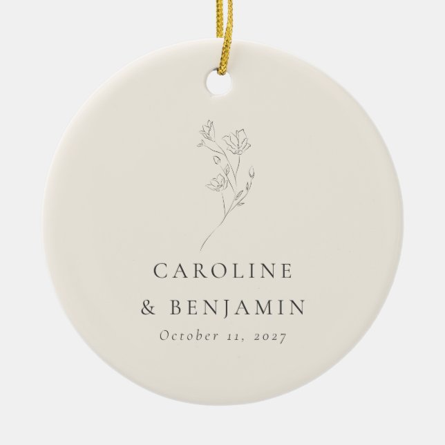 Minimalist Ecru Floral Line Art Wedding Custom Ceramic Ornament (Front)