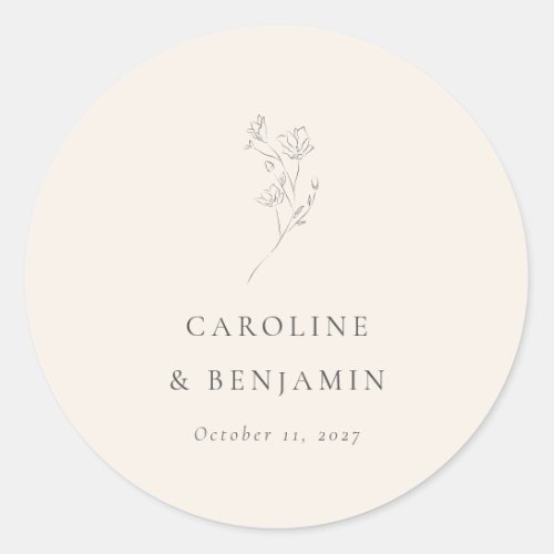 Minimalist Ecru Floral Line Art Wedding Custom Classic Round Sticker