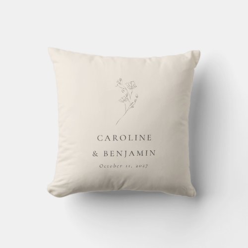 Minimalist Ecru Floral Line Art Wedding Custom Throw Pillow