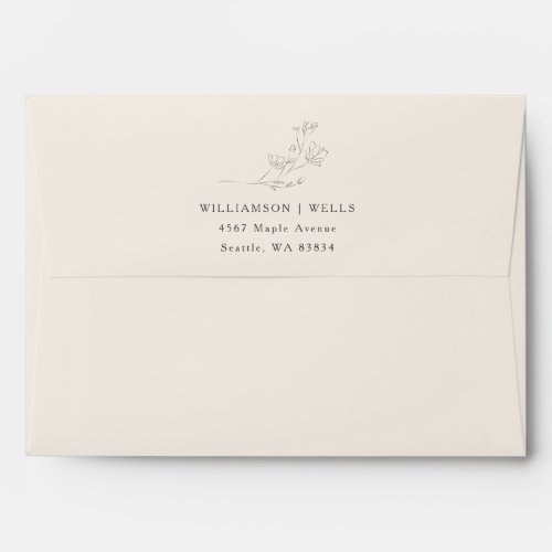 Minimalist Ecru Floral Line Wedding Return Address Envelope