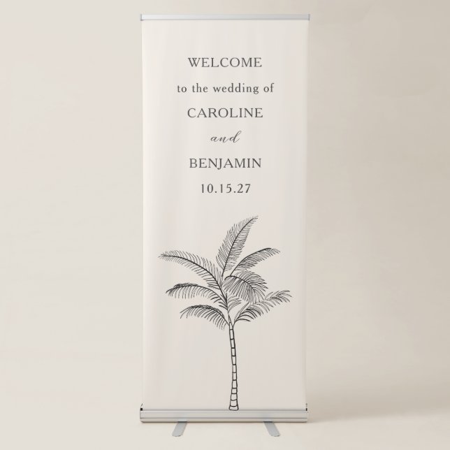 Minimalist Ecru Palm Tree Custom Wedding Welcome Retractable Banner (Front)