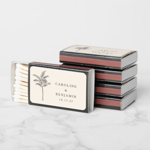 Minimalist Ecru Palm Tree Elegant Custom Wedding Matchboxes