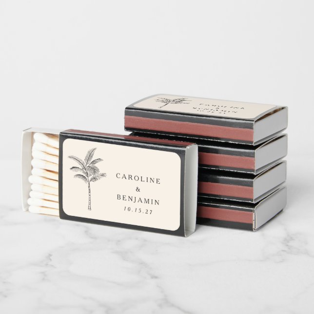 Minimalist Ecru Palm Tree Elegant Custom Wedding Matchboxes (Stacked)