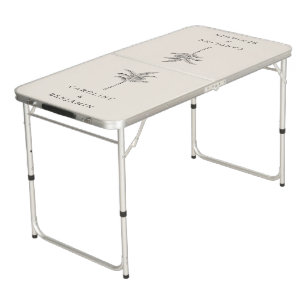 Minimalist Ecru Palm Tree Line Art Custom Wedding Beer Pong Table