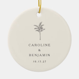 Minimalist Ecru Palm Tree Line Art Custom Wedding Ceramic Ornament