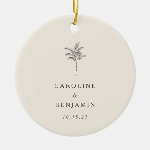 Minimalist Ecru Palm Tree Line Art Custom Wedding Ceramic Ornament