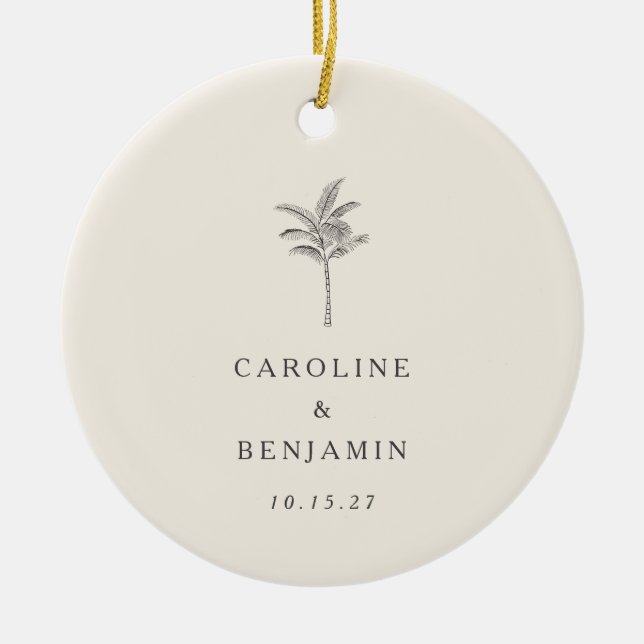 Minimalist Ecru Palm Tree Line Art Custom Wedding Ceramic Ornament (Front)