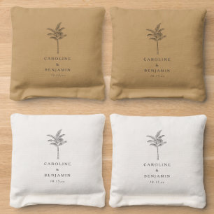 Minimalist Ecru Palm Tree Line Art Custom Wedding Cornhole Bags