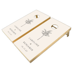 Minimalist Ecru Palm Tree Line Art Custom Wedding Cornhole Set