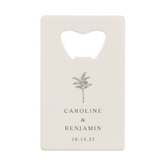 Minimalist Ecru Palm Tree Line Art Custom Wedding Credit Card Bottle Opener