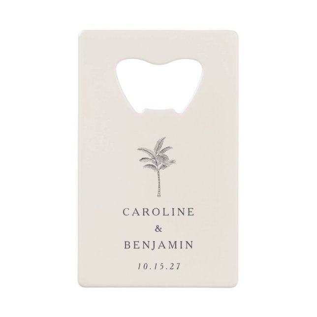 Minimalist Ecru Palm Tree Line Art Custom Wedding Credit Card Bottle Opener (Front)