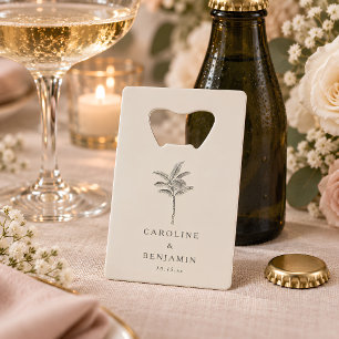 Minimalist Ecru Palm Tree Line Art Custom Wedding Credit Card Bottle Opener