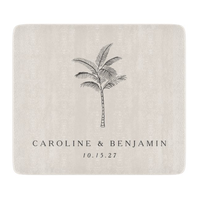 Minimalist Ecru Palm Tree Line Art Custom Wedding Cutting Board (Front)