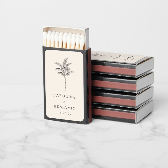 Minimalist Ecru Palm Tree Line Art Custom Wedding Matchboxes (Stacked)