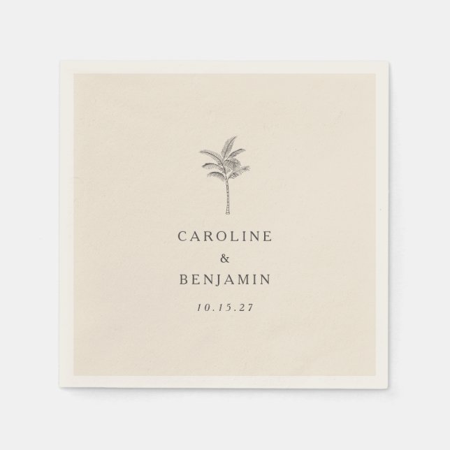 Minimalist Ecru Palm Tree Line Art Custom Wedding Napkins (Front)
