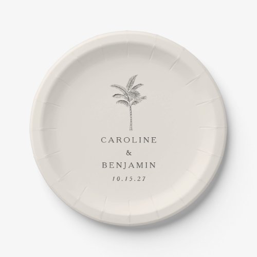 Minimalist Ecru Palm Tree Line Art Custom Wedding Paper Plates