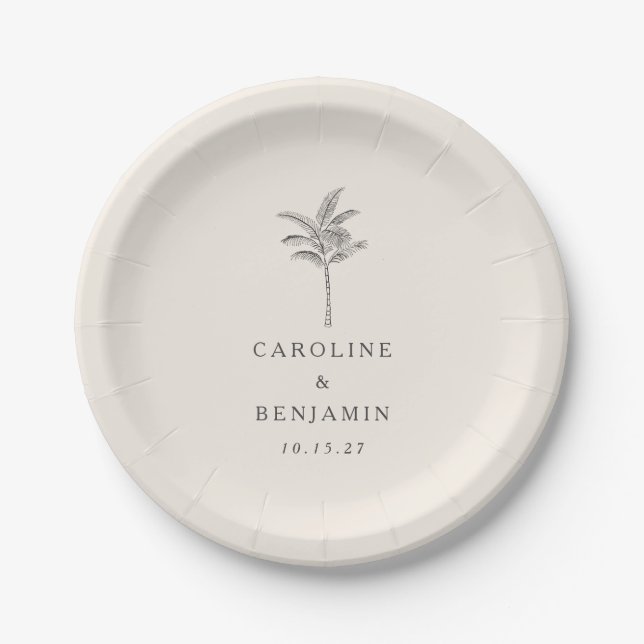 Minimalist Ecru Palm Tree Line Art Custom Wedding Paper Plates (Front)
