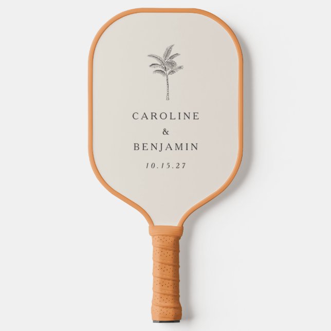 Minimalist Ecru Palm Tree Line Art Custom Wedding Pickleball Paddle (Front)