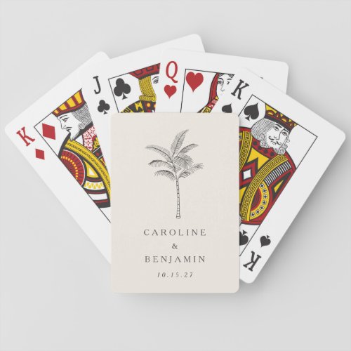 Minimalist Ecru Palm Tree Line Art Custom Wedding Poker Cards