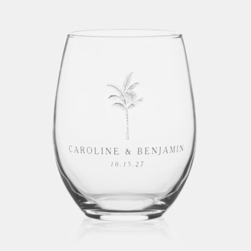 Minimalist Ecru Palm Tree Line Art Custom Wedding Stemless Wine Glass