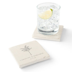 Minimalist Ecru Palm Tree Line Art Custom Wedding Stone Coaster