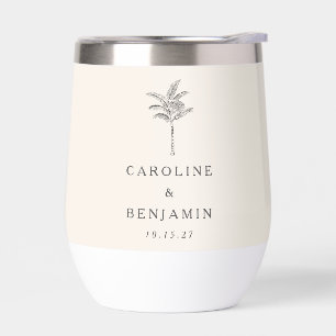 Minimalist Ecru Palm Tree Line Art Custom Wedding Thermal Wine Tumbler