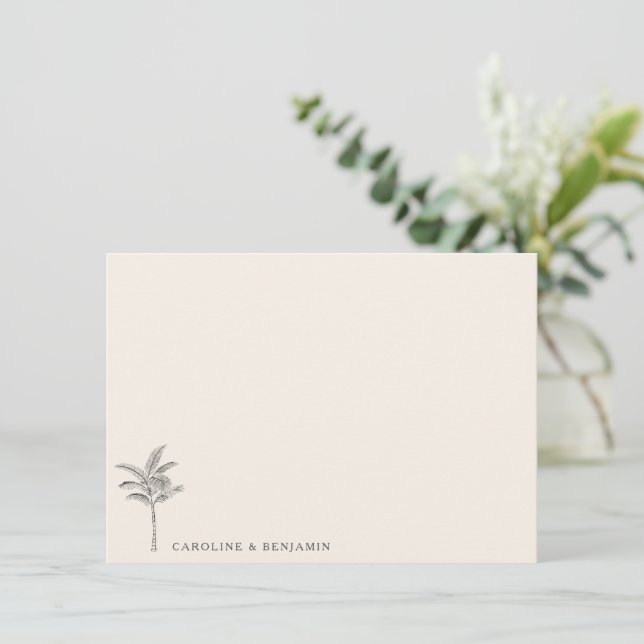 Minimalist Ecru Palm Tree Line Art Elegant Wedding Thank You Card (Standing Front)