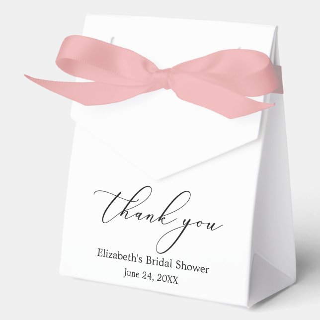 Minimalist Elegance Calligraphy Bridal Shower Bow Favor Boxes (Front)
