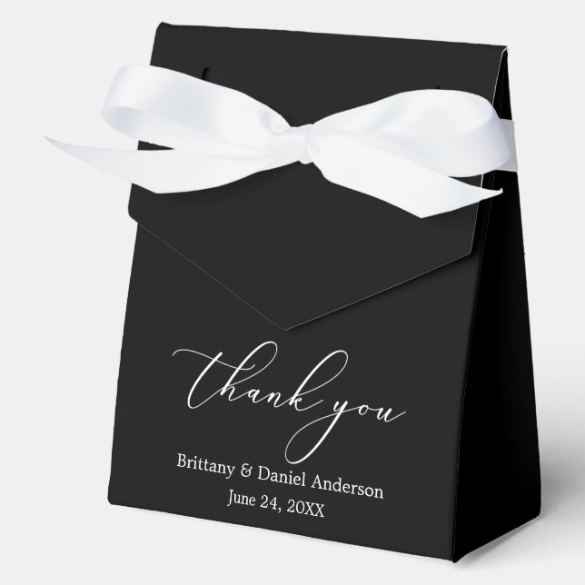 Minimalist Elegance Calligraphy Wedding Bow Black Favor Boxes (Front)