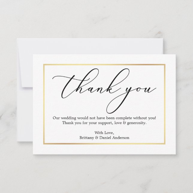 Minimalist Elegance Calligraphy Wedding Gold Frame Thank You Card (Front)