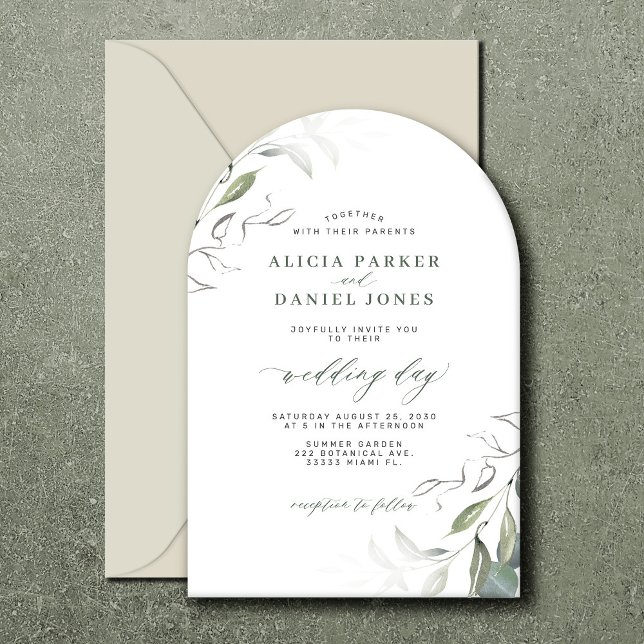 Minimalist elegance green leaves arch wedding invitation (Creator Uploaded)