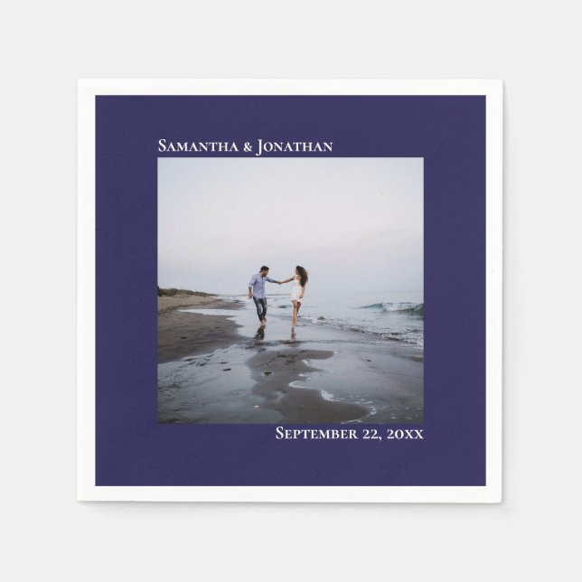 Minimalist Elegance Modern Navy Blue Wedding Photo Napkins (Front)
