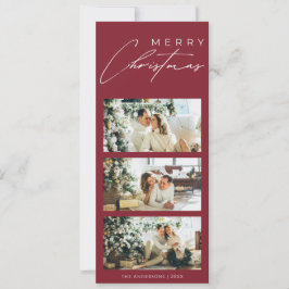 Minimalist Elegant 3 Photo Collage Red Christmas Holiday Card