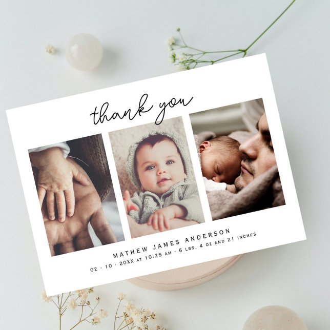 Minimalist Elegant 3 Photos Thank You Baby Shower (Minimalist Elegant Script 3 Photo New Baby Announcement Baby Shower Thank You Card)