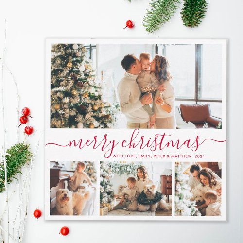 Minimalist Elegant 4 Photo Collage Christmas Holiday Card