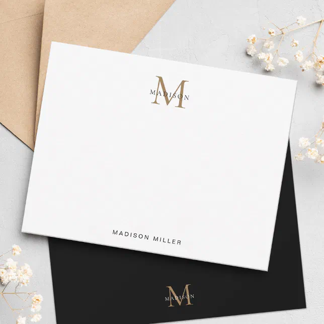 Minimalist Elegant Basic Black and Gold Monogram Note Card | Zazzle