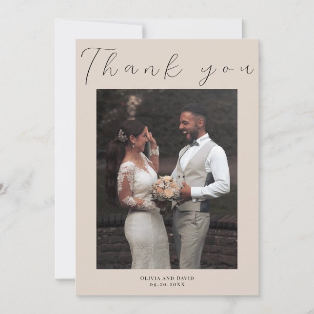 Minimalist Elegant Beige Simple Script Wedding Thank You Card (Front)
