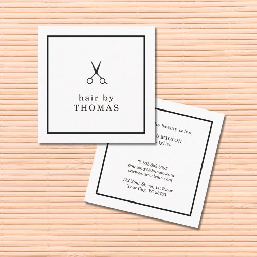 Minimalist Elegant Black and White Hair Stylist Square Business Card