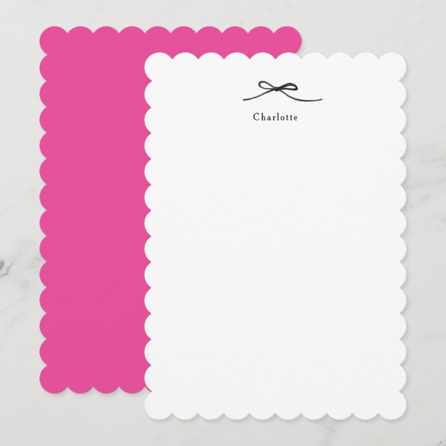 Minimalist Elegant Black Bow Scalloped Edge Pink Note Card (Front/Back)