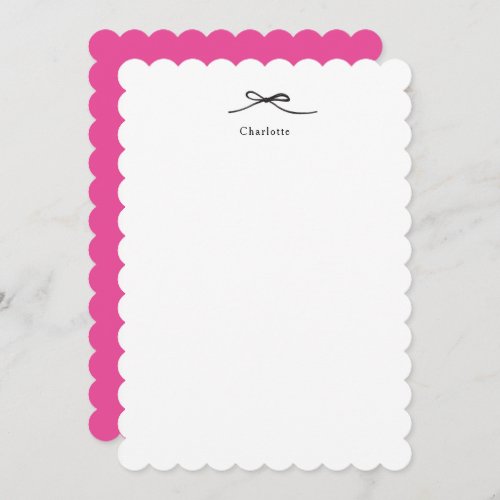 Minimalist Elegant Black Bow Scalloped Edge Pink Note Card