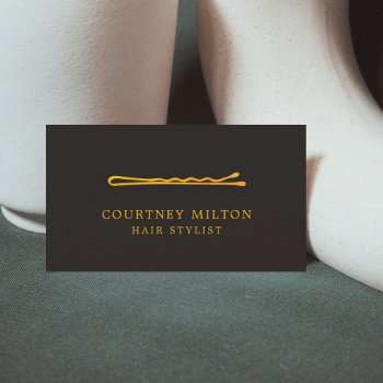 Minimalist Elegant Black Faux Gold Hair Stylist Business Card by pro_business_card at Zazzle