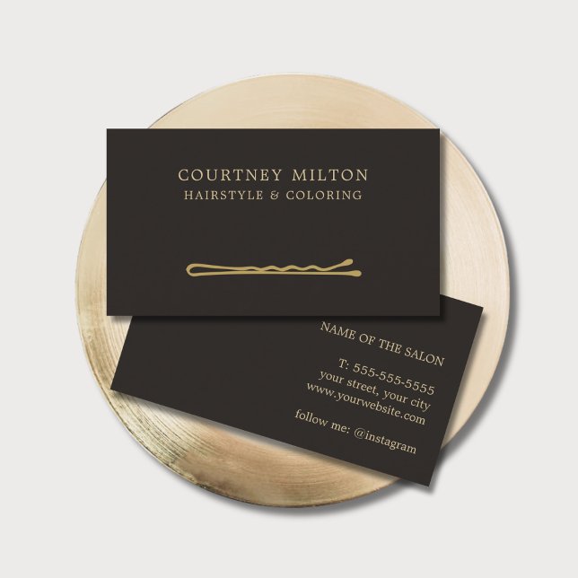 Minimalist Elegant Black Faux Gold Hair Stylist Business Card (Creator Uploaded)