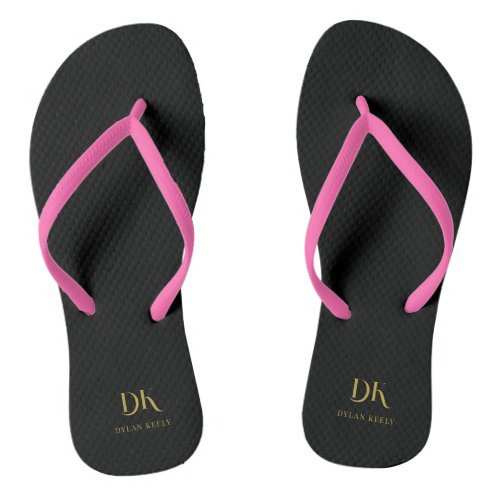 Minimalist Elegant Black Gold Monogram Business Flip Flops