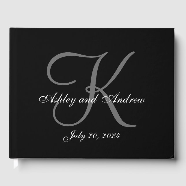 Minimalist Elegant Black Gray Monogram Wedding Guest Book (Front)