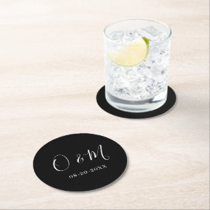 Minimalist Elegant Black Monogram Classic Wedding Round Paper Coaster